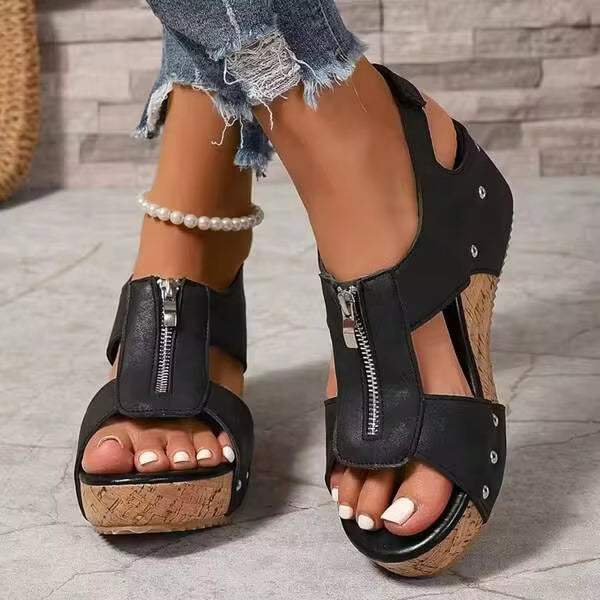 Women's Vintage Wedge Platform Zipper Sandals, Bohemian Height-Increasing Casual Shoes, Comfortable & Stylish For Vacation